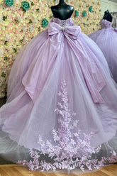 Lilac Quinceanera Dress Off-Shoulder Glitter Ball Gown with Lace-Up Back & Pleated Bow Detail